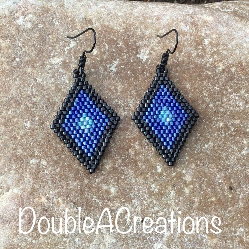 Blue Diamond Beaded Earrings, New, Handmade By Me